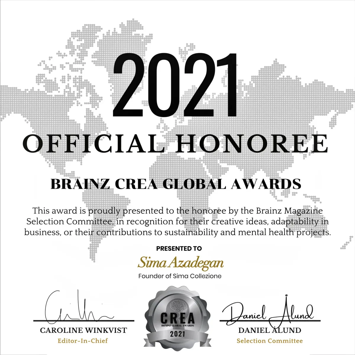Brainz CREA Global Awards 2021 Official Honoree certificate