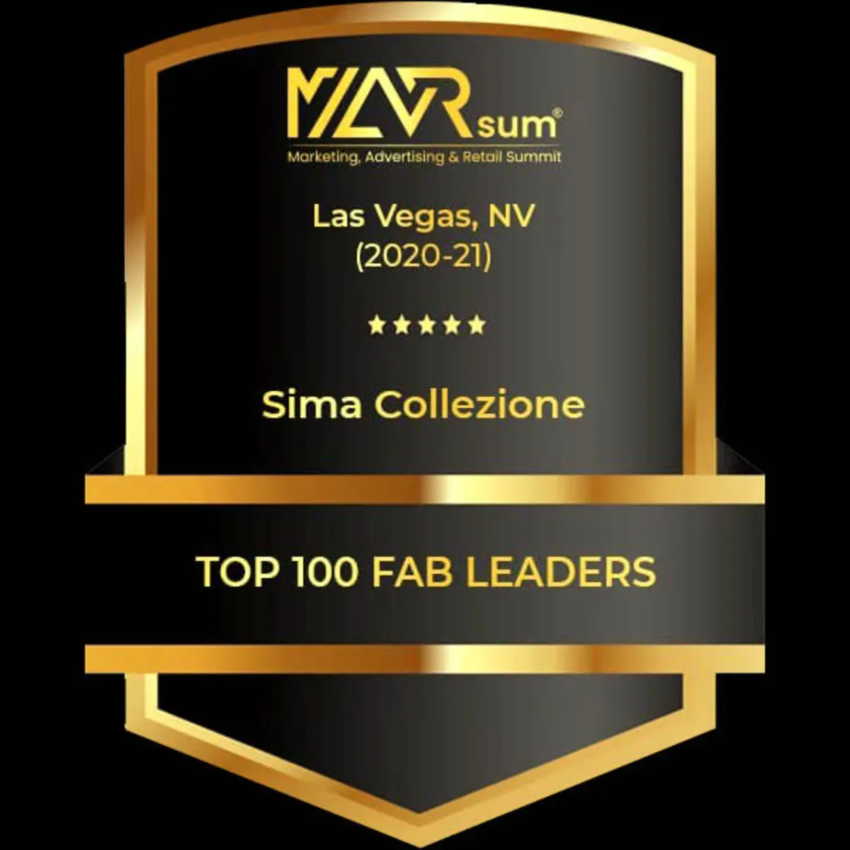 Black and gold Top 100 FAB Leaders badge for Sima Collezione