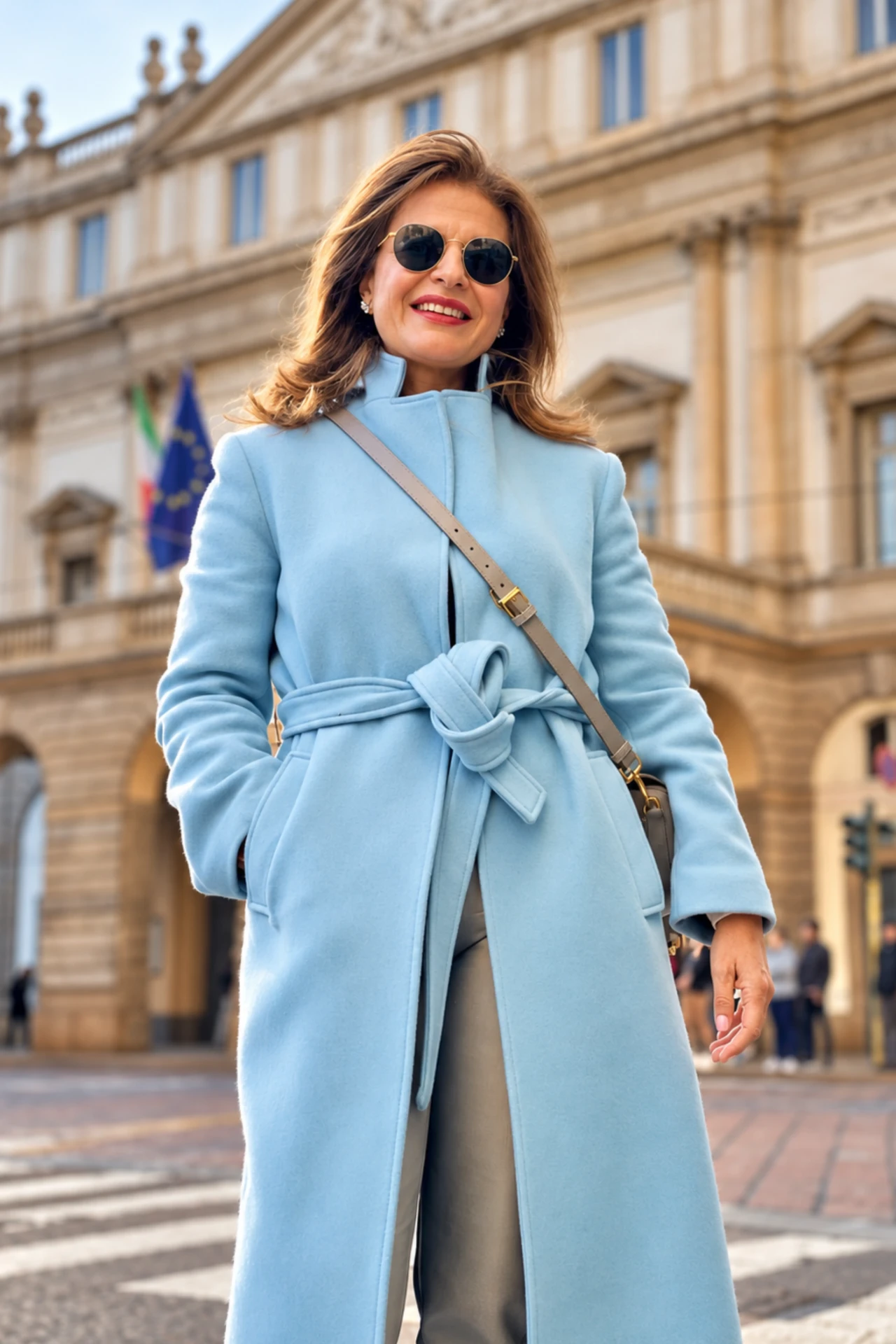 Sima Azadegan wearing a light blue coat outdoors