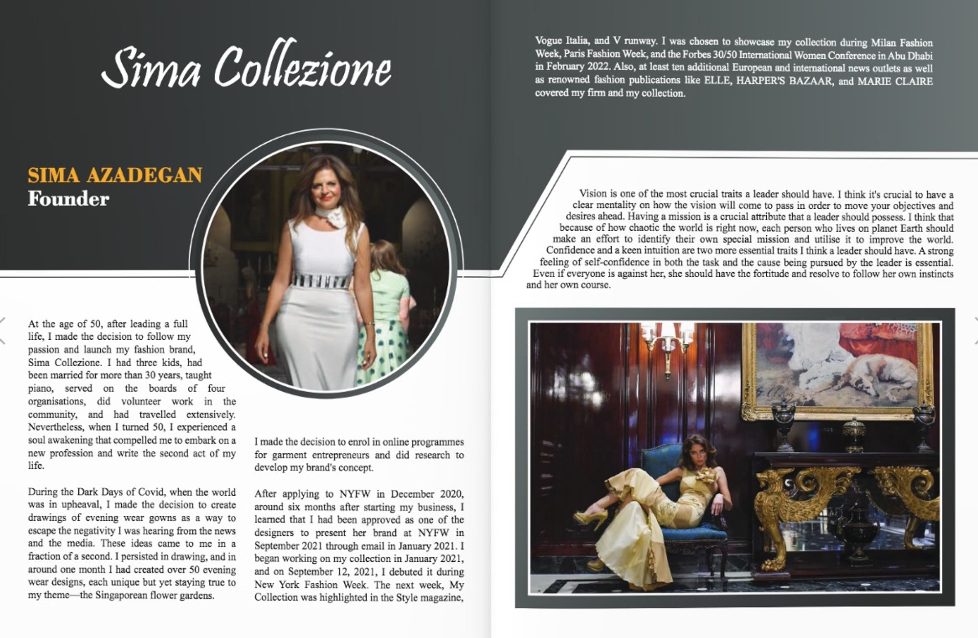 Founder profile with Sima Collezione branding.